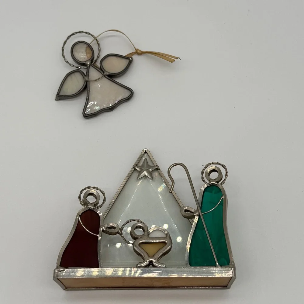 Vintage Stained Glass Nativity Scene Set Miniature Creche & Angel Ornament 4.5x4